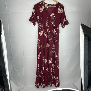 NWOT Lulus September Sunsets Burgundy Floral Print Wrap Maxi Dress